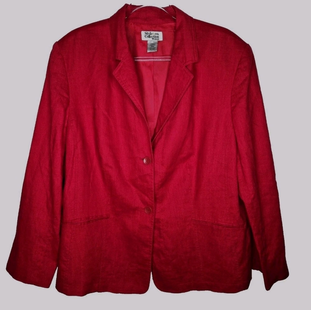 Vintage 80s Red Linen Blazer Size 20W Suit Jacket Lined Pockets Classic Career
